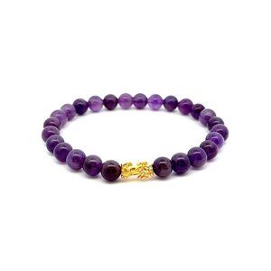 24K Gold Piyao Pixiu Lucky Charm Bracelet Gemstones Amethyst 8mm Size 8 inches